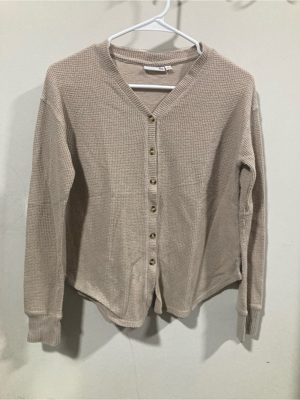 SO Beige Waffle-Knit Button Cardigan